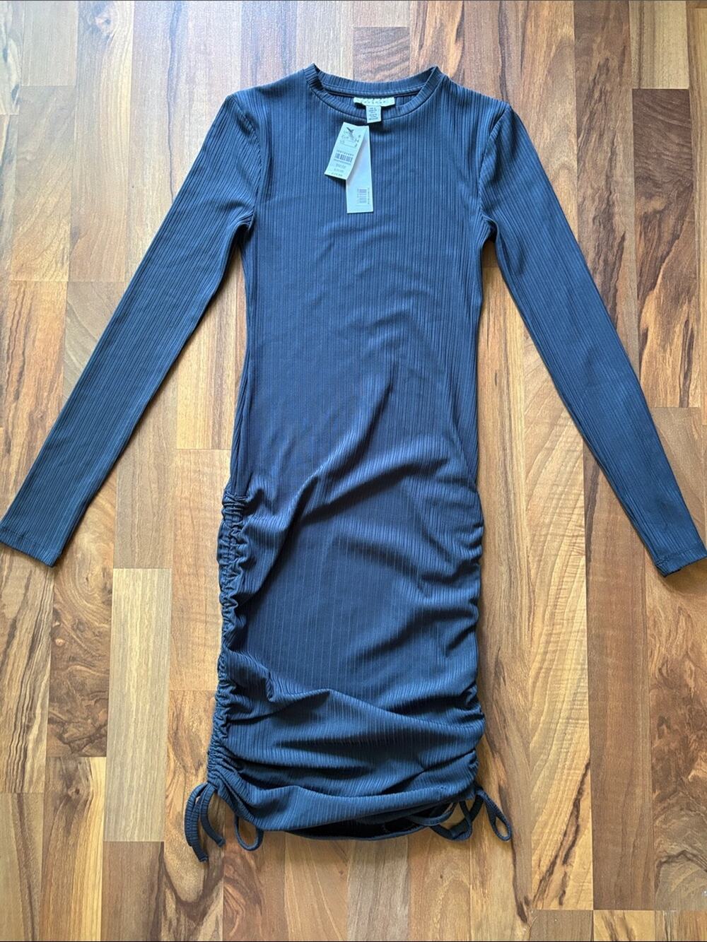 Topshop Dark Blue Long Sleeve Ribbed Side-Ruched Midi Dress Size 2 NWT